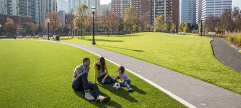 a family playing with a soccer ball in a park